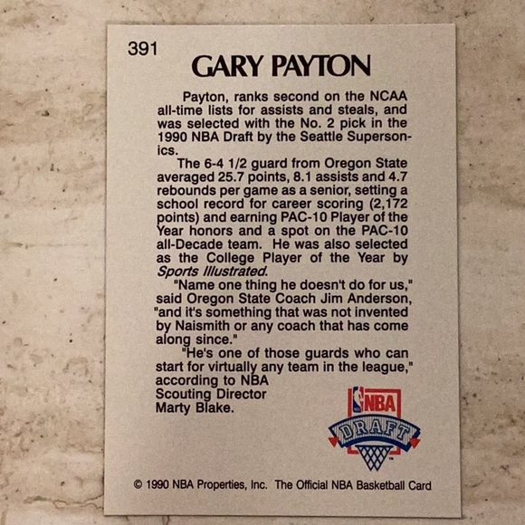 Gary Payton 1990 Basketball Card 391 NBA Hoops Seattle Supersonics #391 - Picture 2 of 4